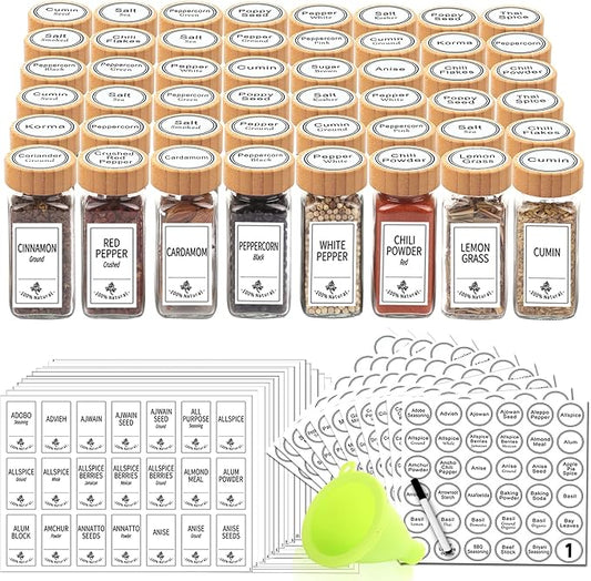 SWOMMOLY 48 Glass Spice Jars with 806 White Spice Labels, Square Spice Bottles 4 oz Empty Spice Containers with Bamboo Lids, Chalk Marker and Funnel Complete Set.