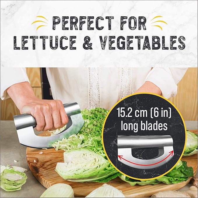 Checkered Chef Salad Chopper Tool, Mezzaluna Knife Stainless Steel Vegetable Rocker