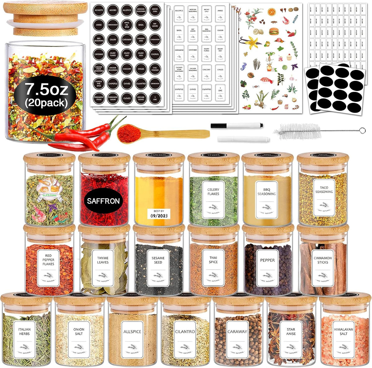 Spice Jars with Label, 7.5 oz 20pcs Spice Containers Glass Jars with Bamboo Lids, Seasoning Containers Bottles,Airtight Empty Spice Jars for Spice Rack, Drawer,Cabinet,Pantry
