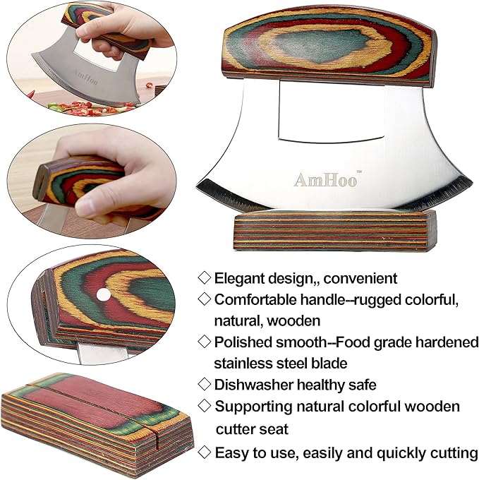 Amhoo Pizza Cutter Chef Mezzaluna Ulu Knife Handle Color Wood Grip Sharp Rocker Slicer Stainless Steel Blade Salad Onion Vegetable Chopper with Holder Base Christmas Gifts
