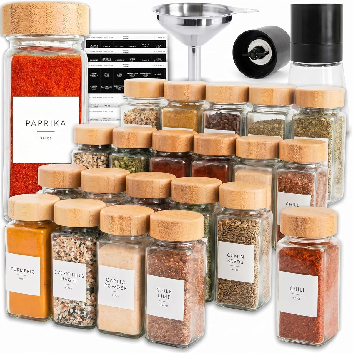 Glass Spice Jars with Label, 24PK Bamboo Jar Spices Set 4oz, 374 Spice Labels, Pepper Grinder, Empty Herb Seasoning Containers, Funnel and Shaker Lids