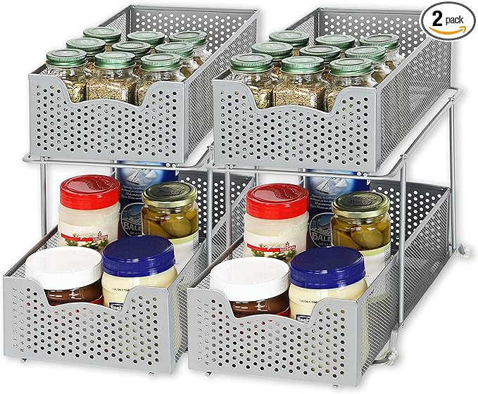 Simple Houseware Cabinet 2 Tier Perforated Basket Drawer, Silver - 2 Pack