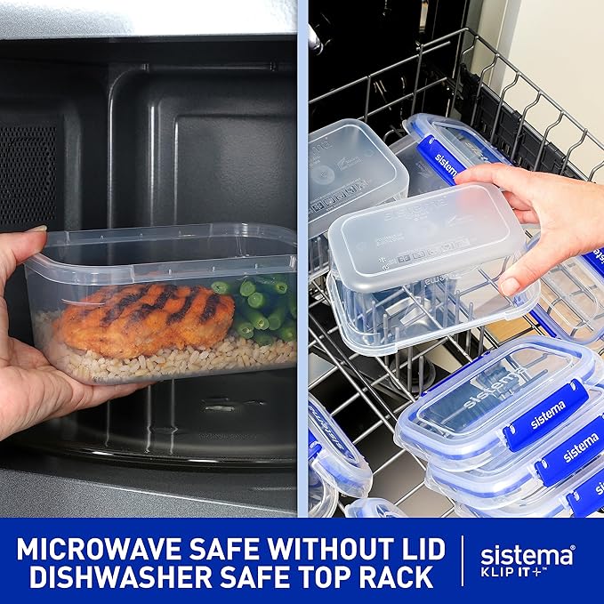Sistema KLIP IT+ 6-Pack Rectangle Food Storage Containers, Stackable & Airtight Food Boxes with Lids, Dishwasher, Freezer, & Microwave-Safe, BPA-Free, 2.2L / 1L / 400mL