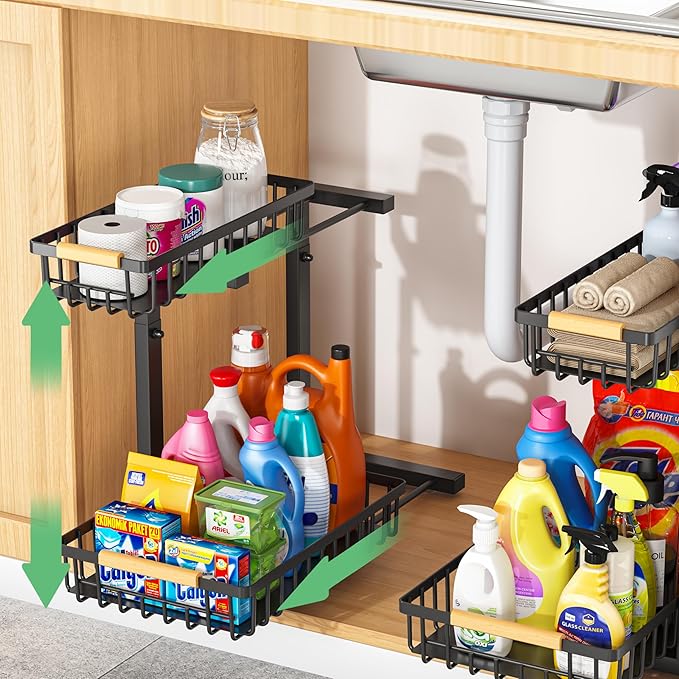 Merrylun Under Sink Organizers,5 Adjustable Height，Metal Pull Out Under Sink Organizers and Storage Shelves with Sliding Drawer, Black, 2 Pack（Hight 13.6″-16.9″）