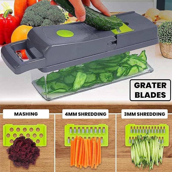 Vegetable Chopper 15 in 1- Multifunctional Food Chopper with 7 Blades- Mandoline Slicer, Dicer, Cutter, Peeler & Grater for Onion, Potato, Salad, Carrot, Garlic with Drain Basket & Container