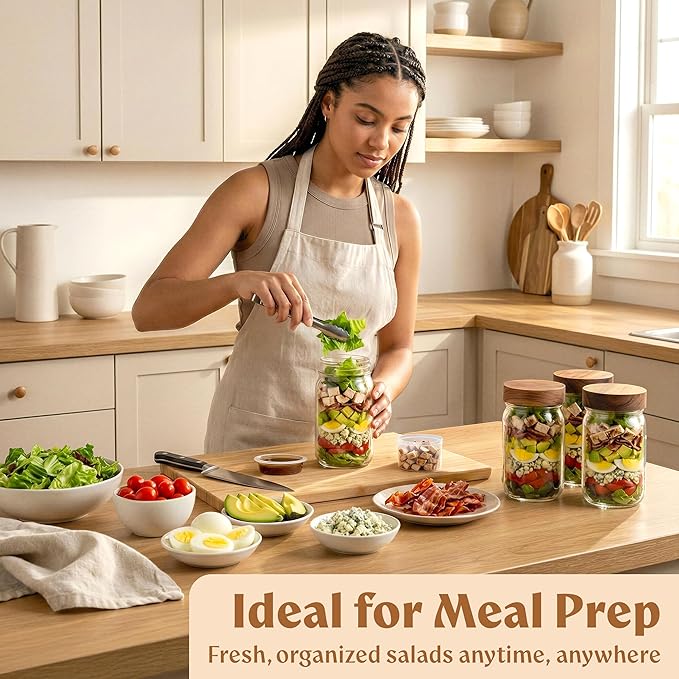 EDELHAUS 4 Pack Glass Salad Jars with Wooden Lids for Meal Prep, Leakproof Container with Two Small Built in Cups for Wet/Dry Separation for Salad Dressing and Ingredients, 32oz Mason Jars (Acacia)