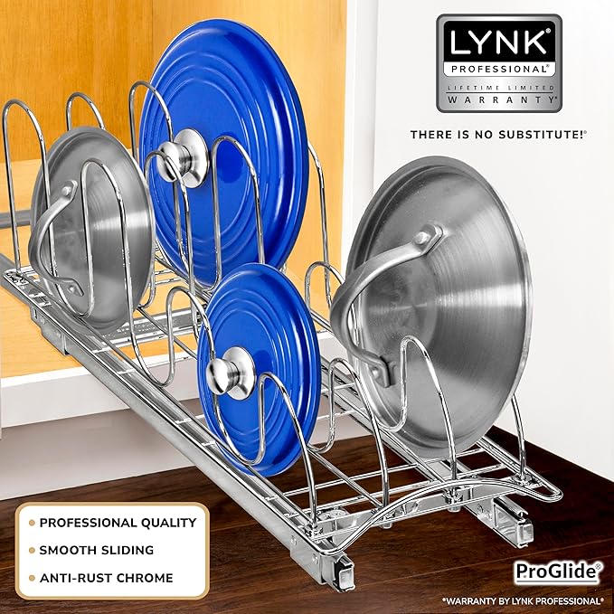 LYNK PROFESSIONAL® Pull Out Pot and Pan Lid Organizer Under Cabinet - Lifetime Ltd. Warranty – Cookie Sheet Organizer for Cabinet – Narrow Slide Out Baking Sheet Organizer Drawer – 7.25W x 21D, Chrome