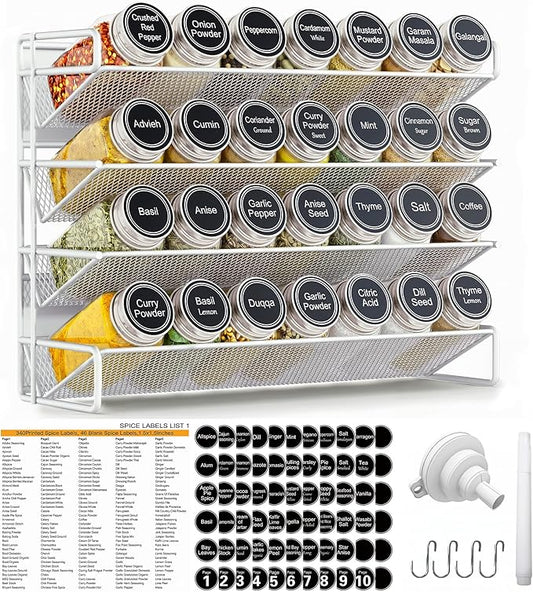 UVIAHOMI Magnetic Spice Rack Organizer for Refrigerator with 28 Spice Jars, 386 Spice Labels, 4 Hook, Chalk Marker and Funnel Set, Magnetic Shelf for Seasoning Organizer, 13.2'' W x 9.8 H, White
