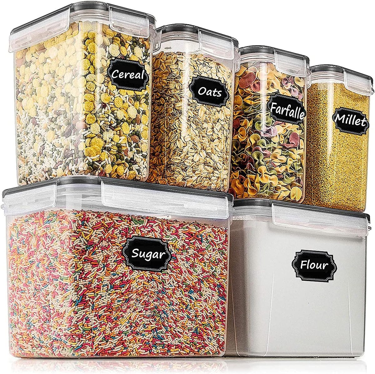 Airtight Food Storage Containers Cereal & Dry Food Storage Container Set of 6(Black Lid), Leak-proof & BPA Free, With 1 Measuring Cup & 20 Chalkboard Labels & 1 Chalk Marker