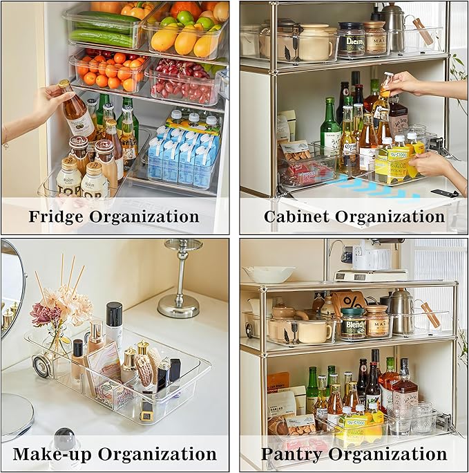 2Pack Roll Out Fridge Caddy Bins Pull Out Drawer with Wheels Refrigerator Organizer Bins with Handles Divided Fruit Caddy for Fridge Pantry Cabinet Storage Cans Drinks