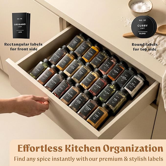 EDELHAUS Glass Spice Jars with Labels (24 x 4oz) Spice Containers with 240 Labels, Shaker Inserts, Funnel, Empty Square Empty Square Seasoning Organizer (Black Lids)