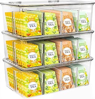 Tea Bag Organizer with Lids, Stackable Tea Box, 3 Pack, Clear