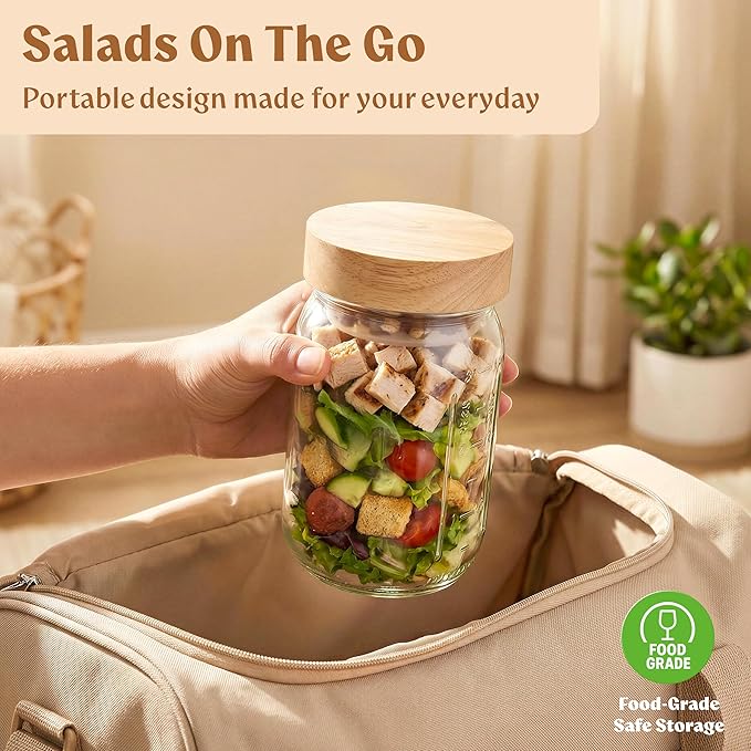 EDELHAUS 4 Pack Glass Salad Jars with Wooden Lids for Meal Prep, Leakproof Container with Two Small Built in Cups for Wet/Dry Separation for Salad Dressing and Ingredients, 32oz Mason Jars (Oak)