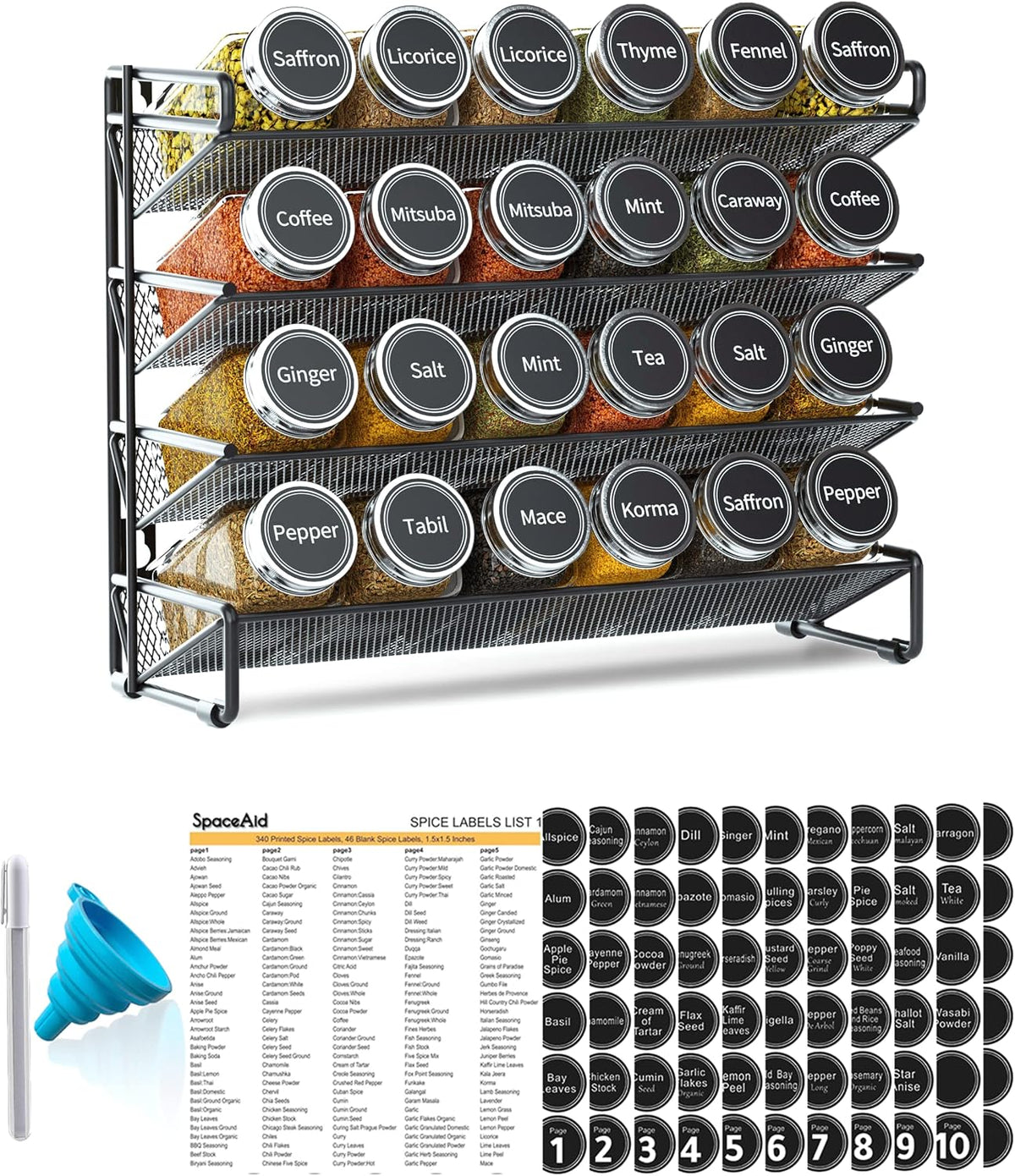 Spice Rack Organizer with 24 Spice Jars, 386 Spice Labels, Chalk Marker and Funnel Set for Cabinet, Countertop, Pantry, Cupboard or Door & Wall Mount -24 Jars, 11.8" W × 10.8" H, Black