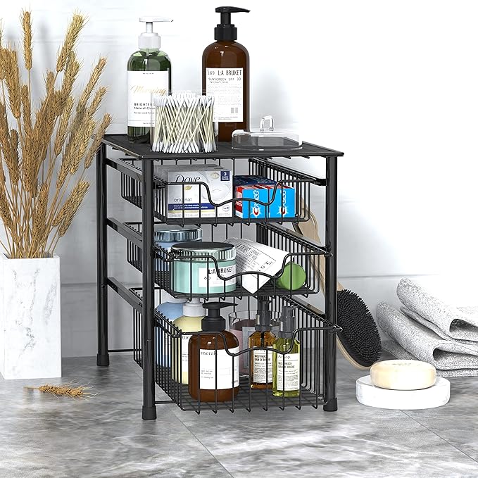 Simple Houseware Stackable 3 Tier Sliding Basket Organizer Drawer, Black