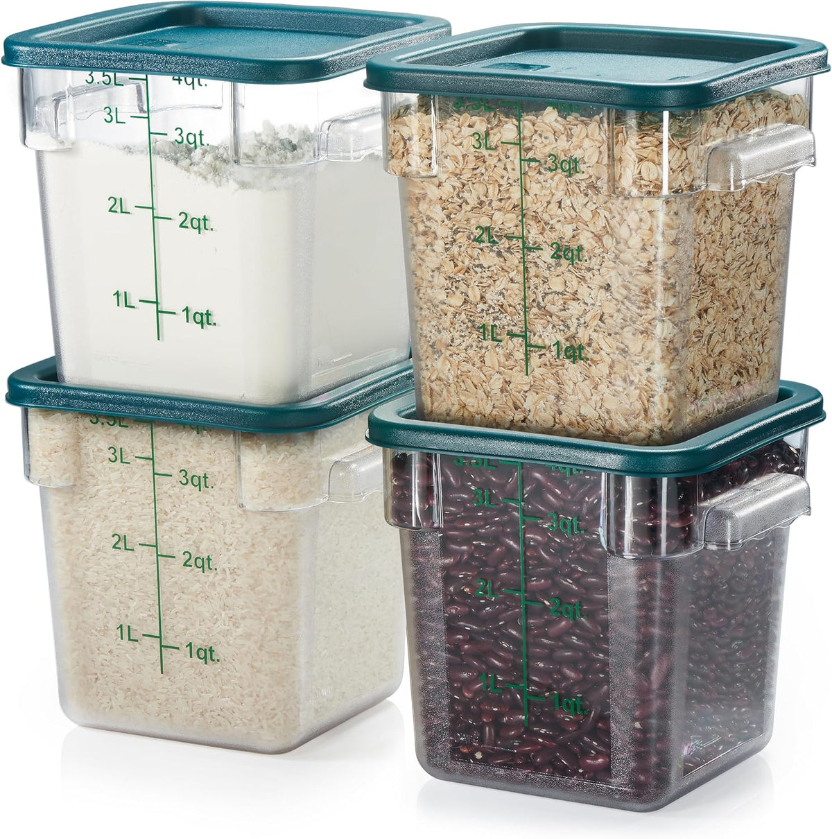 4 Pack Food Storage Container with Green Lid - NSF Commercial Grade in 4.0 Qt - Square, Clear, Polycarbonate