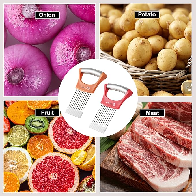 2PCS Onion Slicer Holder, XZZWLL Stainless Steel Onion Cutter for Slicing and Storage Onions, Tomato, Eggs and Vegetables, Protective Cover Included, Dishwasher Safe (Stylish Orange+ Red Color)