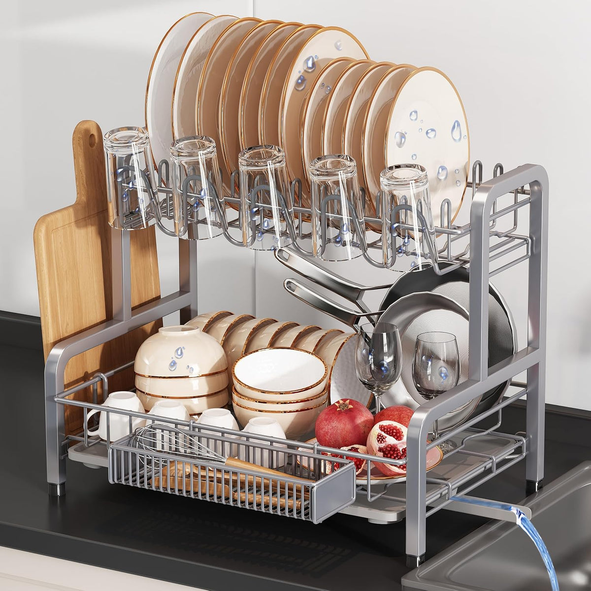 2 Tier Large Stainless Steel Dish Drying Rack for Kitchen Counter