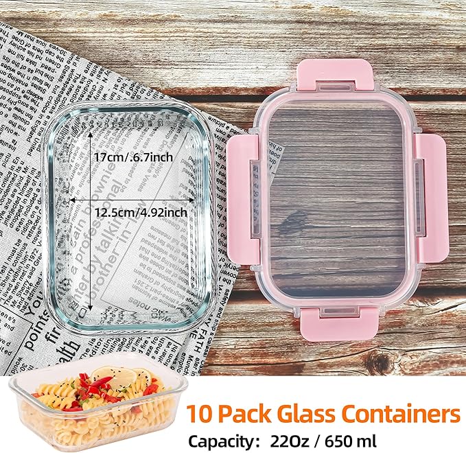 Glass Food Storage Containers 10 Pack - 22Oz Meal Prep Container Set with Lid, Airtight Snap Lock, Microwave Freezer Oven Dishwasher Safe, Lunch Box for Work, Pink