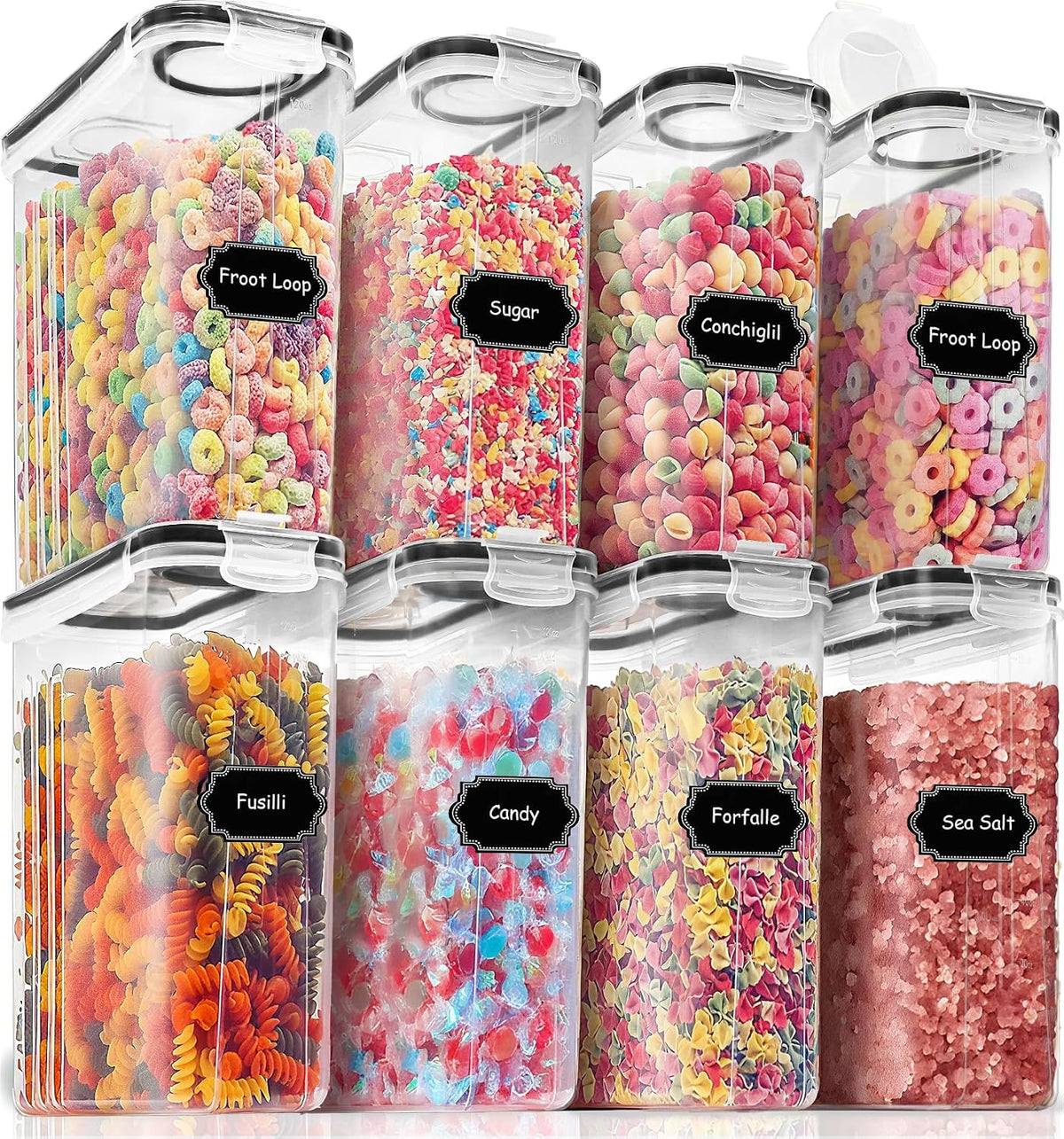 Cereal Containers Storage Set (4L,135.2 Oz), 8PCS Airtight Food Storage Containers with Lids for Kitchen & Pantry Organizers and Storage, Cereal Dispensers with 20 labels, Measuring Cup & Marker