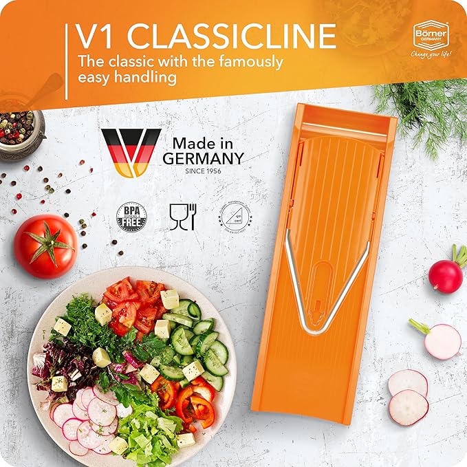 Borner Mandoline Food Slicer V1 (Basic Set) by Reston Lloyd • V-Slicer with Food Holder • Made in Germany • Fruit & Vegetable Chopper • Multiple Settings • Color: Orange