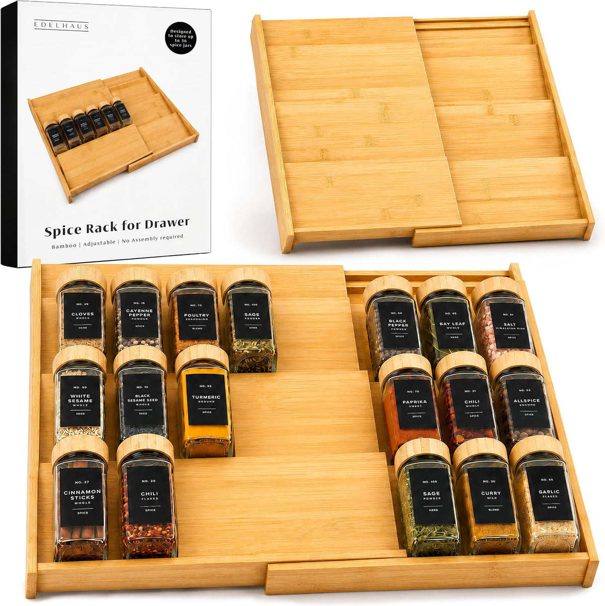 Bamboo Spice Drawer Organizer, Expandable 4 Tier Spice Rack