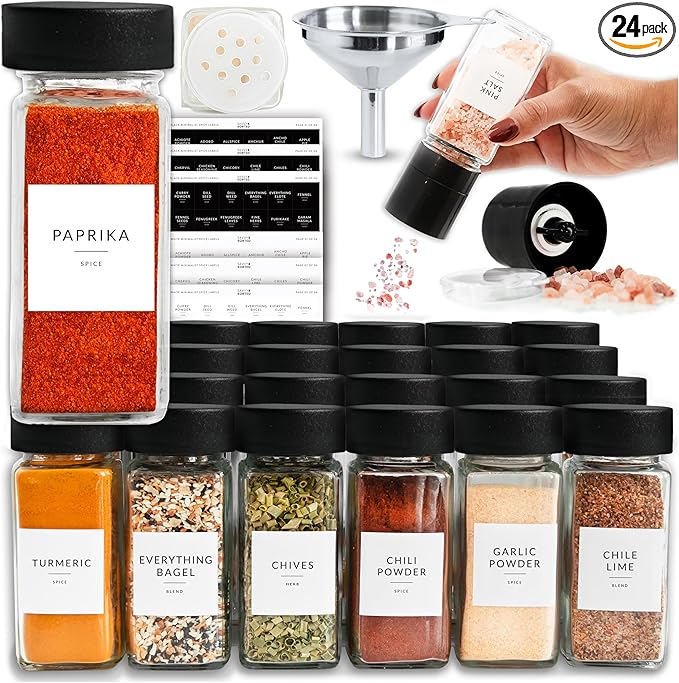 SAVVY & SORTED Glass Spice Jars with Label 24 PK - 4 Oz Spice Containers with 374 Minimalist Preprinted Labels Stickers, Pepper Grinder Funnel Shaker Lids, Empty Seasoning Containers Bottles