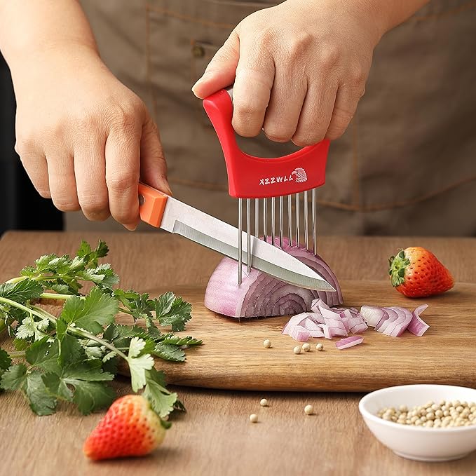 2PCS Onion Slicer Holder, XZZWLL Stainless Steel Onion Cutter for Slicing and Storage Onions, Tomato, Eggs and Vegetables, Protective Cover Included, Dishwasher Safe (Stylish Orange+ Red Color)