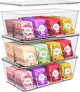 Tea Bag Organizer with Lids, Stackable Tea Box, 3 Pack, Clear