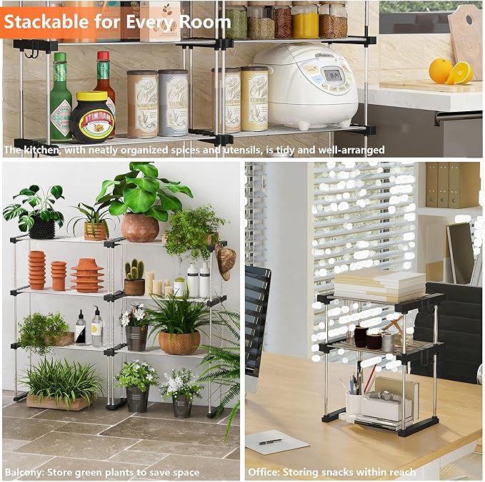 BLULEE Dual-Adjustable Cabinet Organizer Shelf,Expandable Width & Height Stackable Spice Rack with Snap-Lock,2-Tier Kitchen Organization and Storage for Under Sink,Countertop,Pantry,Black,1Pack