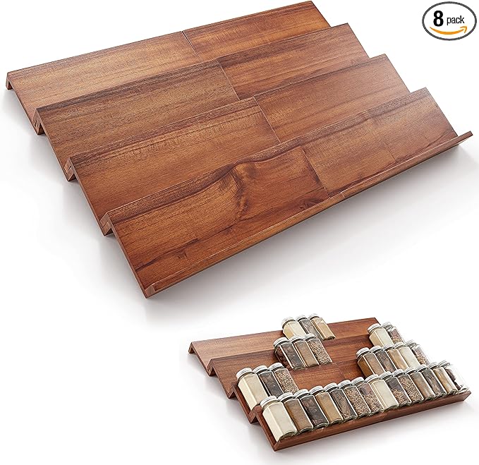 Tinamo Acacia Wooden Spice Rack Organizer for Cabinet - Spice Drawer Insert, Spice Organization for Cabinet, Seasoning Organizer, 4-Tier Spice Jar Rack for Drawer, Spice Holder Pack of 8 (64 Jars)