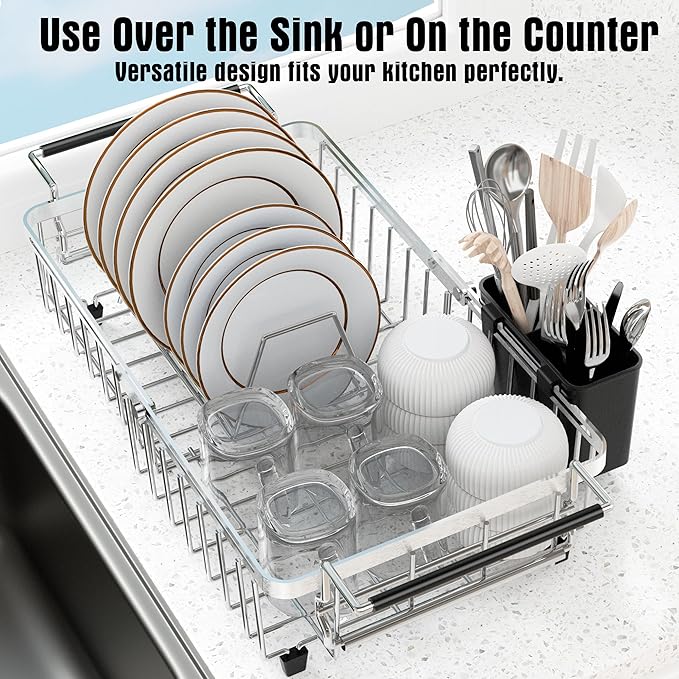 Expandable Dish Drying Rack in Sink,Stainless Steel Over The Sink Dish Drainer Drying Rack for Kitchen Counter,with Utensil Holder,Silver