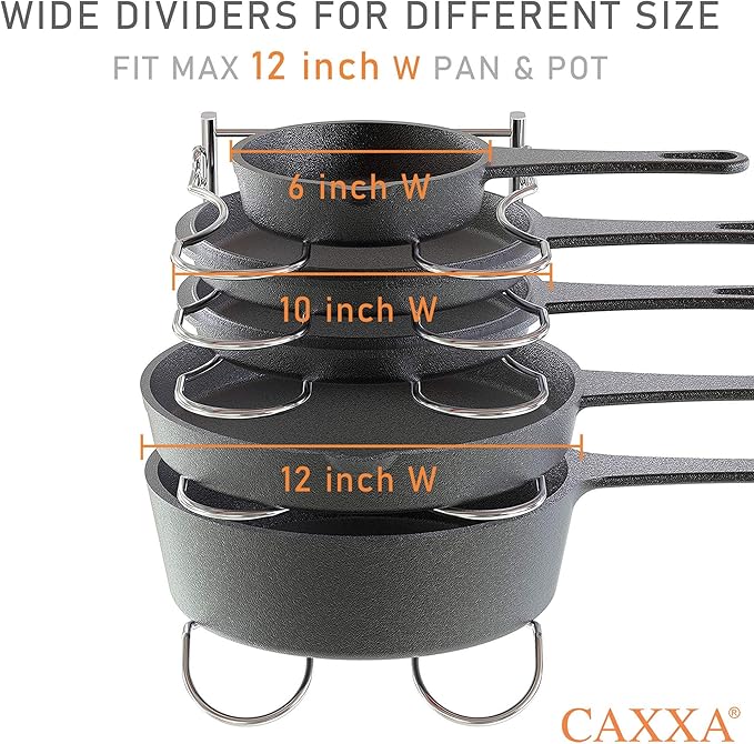 CAXXA Heavy Duty Pan Rack, Pot Lid Rack, Kitchen Cabinet Pantry Cookware Organizer Rack Holder with 5 Adjustable Dividers, Chrome (Pack of 2)