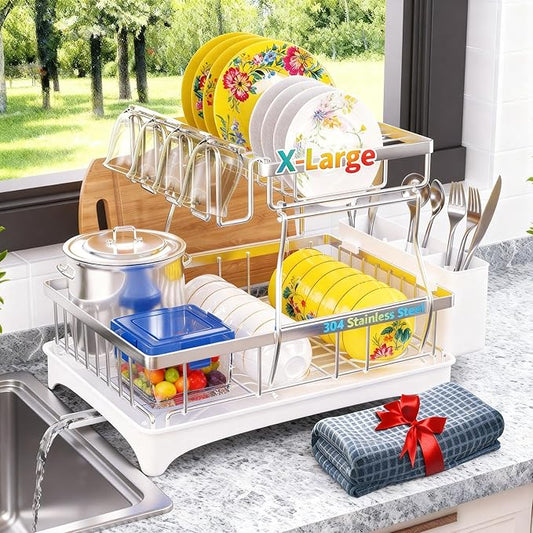 Dish Drying Rack, 2-Tier Dish Rack with Auto-Drain & Mat, Silver