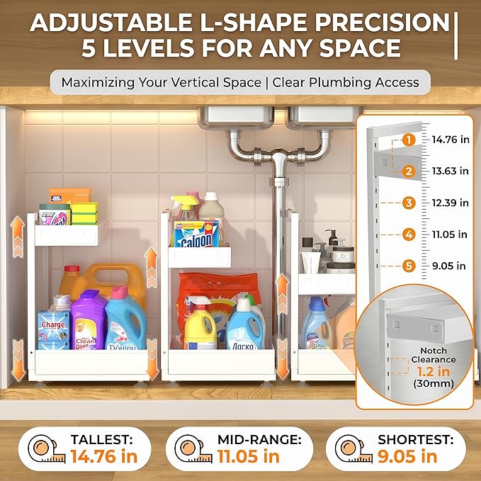 Under Sink Organizer, Kitchen & Bathroom Storage with L-Shaped Design Fits Around Pipes, 2-Tier Slide-Out Metal Drawer, Adjustable Height for Cabinet Laundry Organization (Cream White)