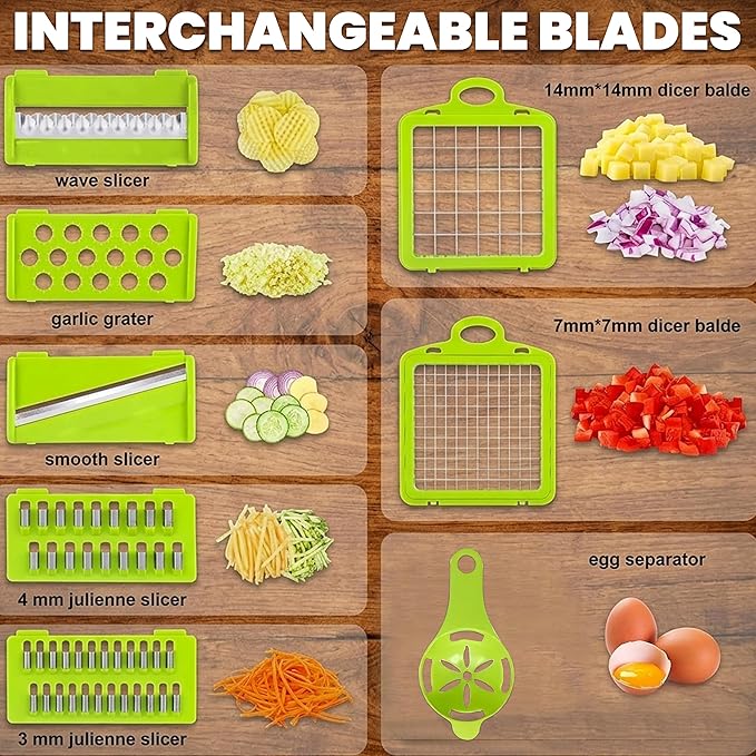 Vegetable Chopper 15 in 1- Multifunctional Food Chopper with 7 Blades- Mandoline Slicer, Dicer, Cutter, Peeler & Grater for Onion, Potato, Salad, Carrot, Garlic with Drain Basket & Container