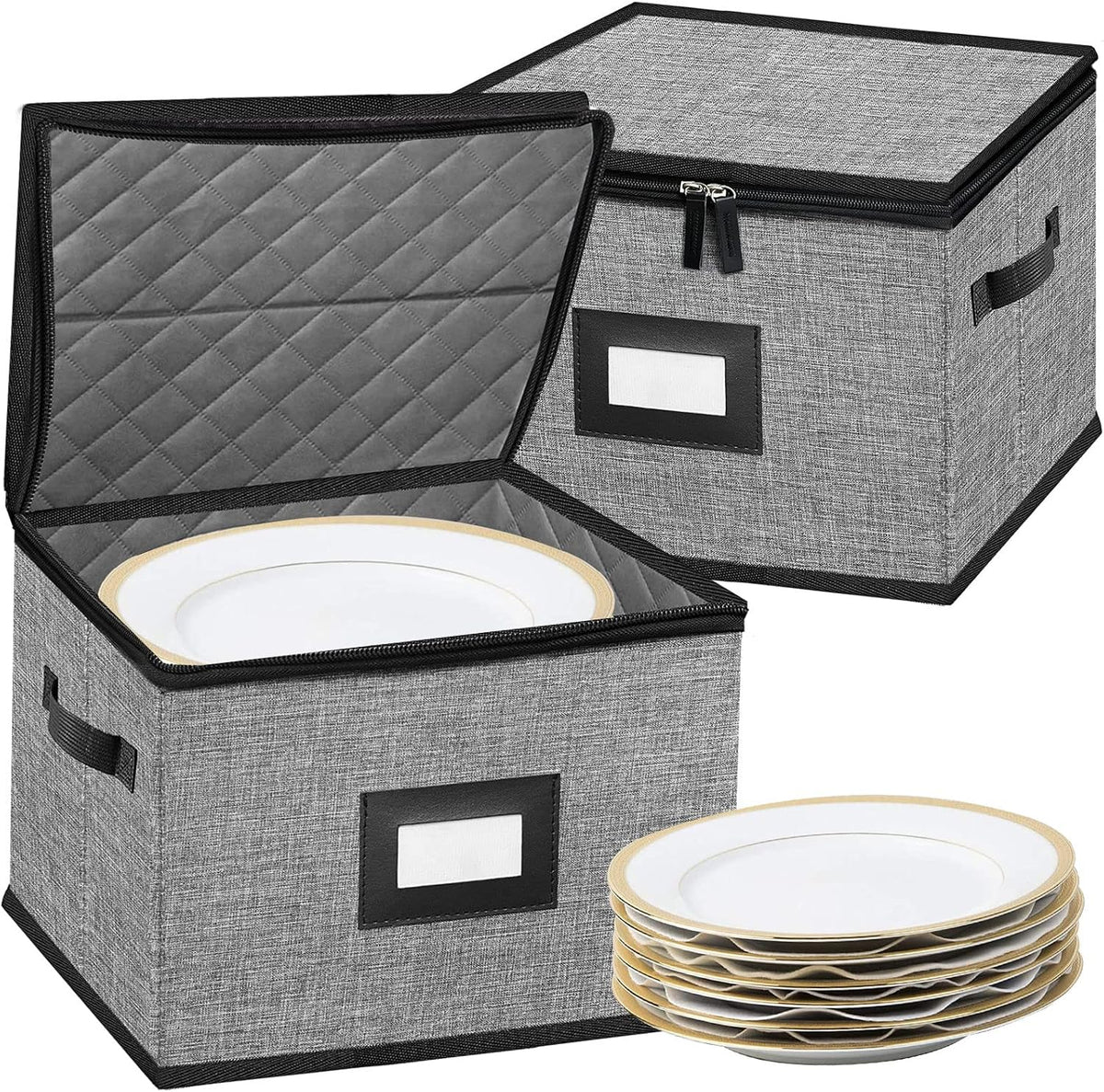 China Storage Containers-Quilted Dish Storage Containers with Lid Hard Shell for Moving Transport, Dinnerware Storage,Stackable Plate Storage,24 Felt Plate Dividers Included,2PACK 12*12*8in