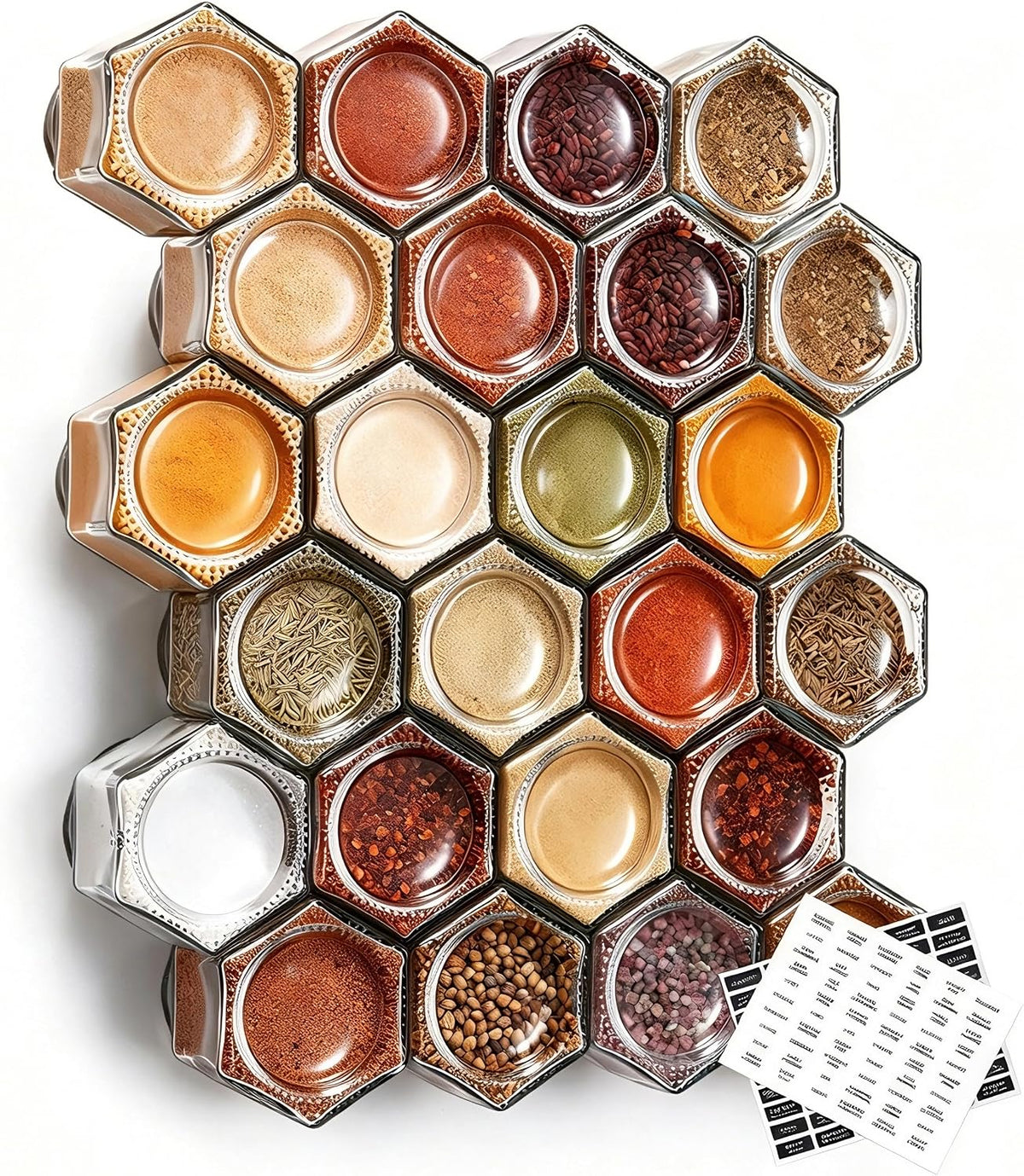 Set of 24 Hexagon Glass Spice Jars with Shaker Lids and Labels for Refrigerator, Kitchen, RV Travel Trailer Magnetic Containers