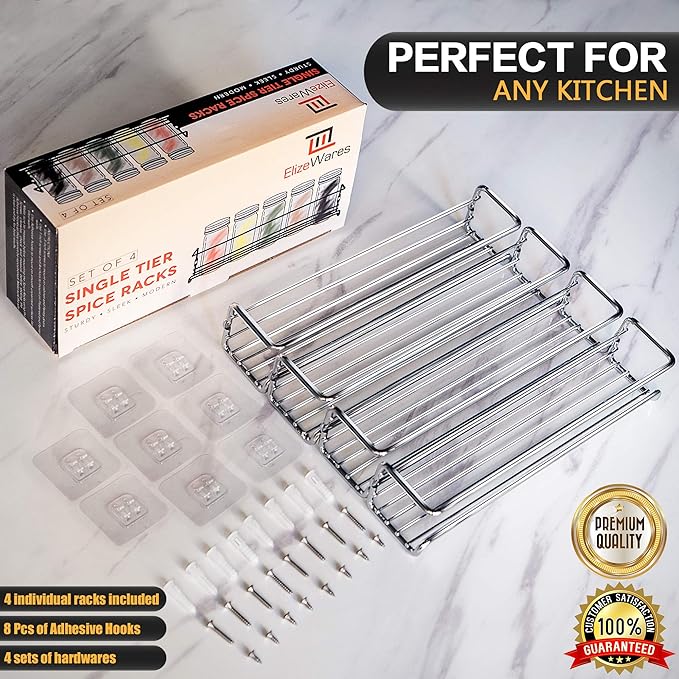 Wall Mount Spice Rack Organizer for Cabinet Door - Set of 4 Hanging Spice Shelves in Chrome- 11.5 x 2.5 x 2.5 Inches.