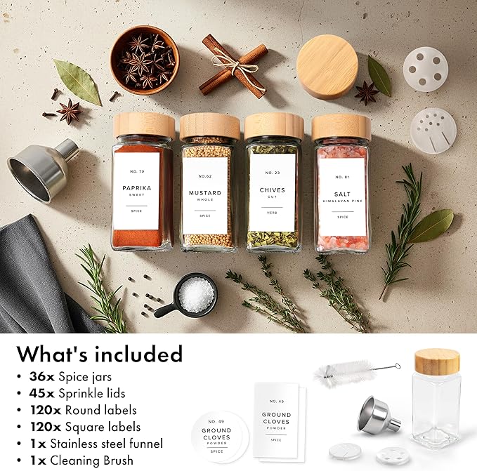 EDELHAUS® Square Spice Jars with Bamboo Wooden Lid (Pack of 36) Spice Jars with Shaker Insert and 240 Labels - Bamboo Lid Glass Container for Spice Organisation [4.3 in × 1.8 in]
