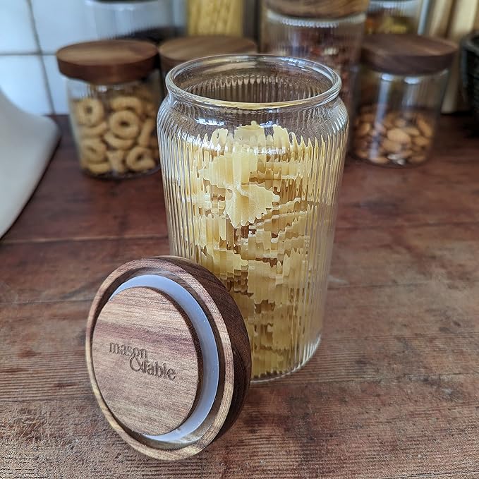 Mason & Fable Ribbed Glass Jar, Stackable & Airtight Wooden Lid- Storage Canister for Cookies, Treats, Tea or Sugar - High End Look for Kitchen, Pantry, Bar or Bathroom -27 fl oz, Single