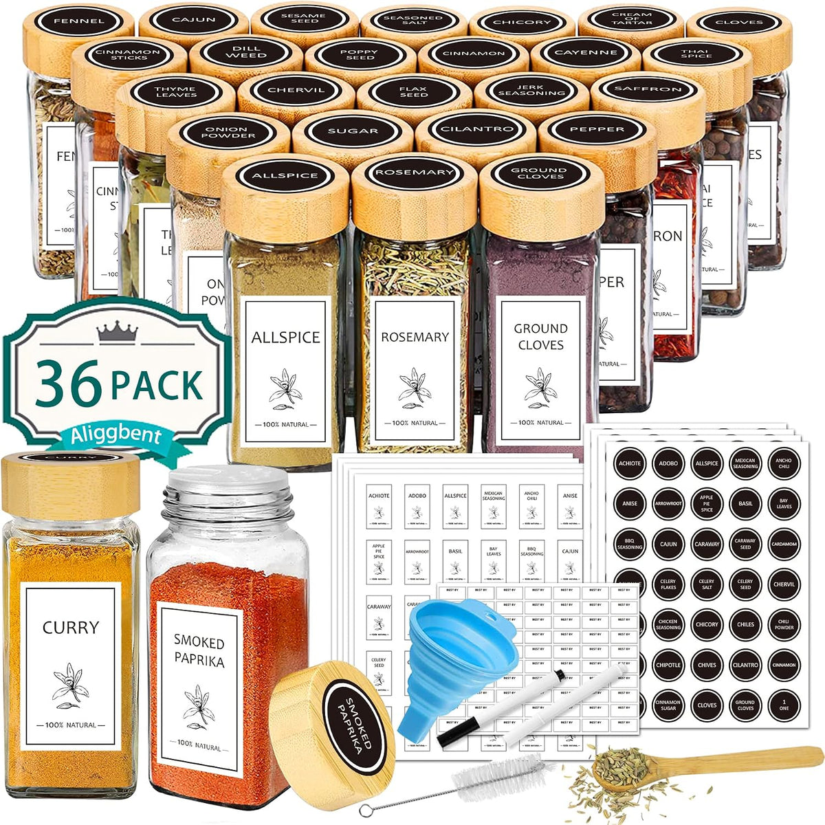 Spice Jars with Labels 36 Pcs 4 oz Glass Bamboo Lids Shaker Set