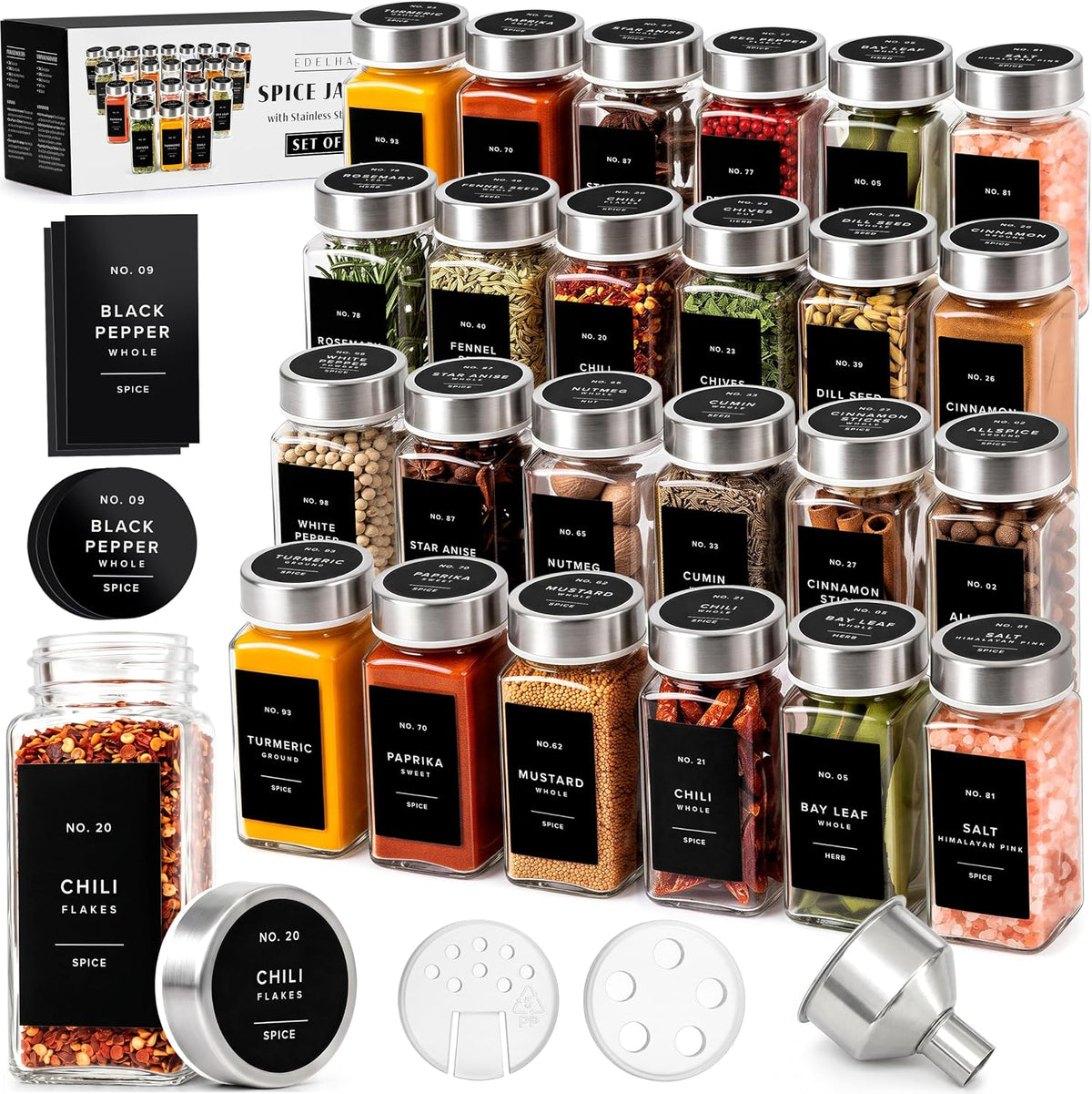 Glass Spice Jars with Label, 24x Stainless Steel Lids