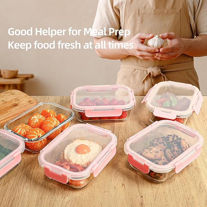 Glass Food Storage Containers 10 Pack - 22Oz Meal Prep Container Set with Lid, Airtight Snap Lock, Microwave Freezer Oven Dishwasher Safe, Lunch Box for Work, Pink