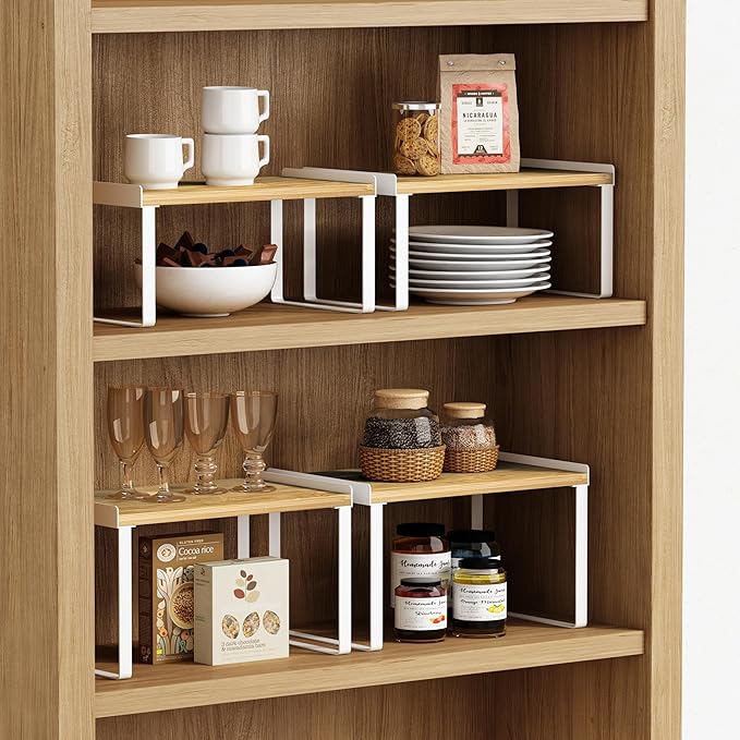 Goozii Kitchen Cabinet Organizer Set of 4, Desk Shelf Riser, Stackable Cabinet Pantry Cupboard Organizer, Kitchen Counter top Shelf, Storage Rack for Spices, Plates, Bamboo Wood, White