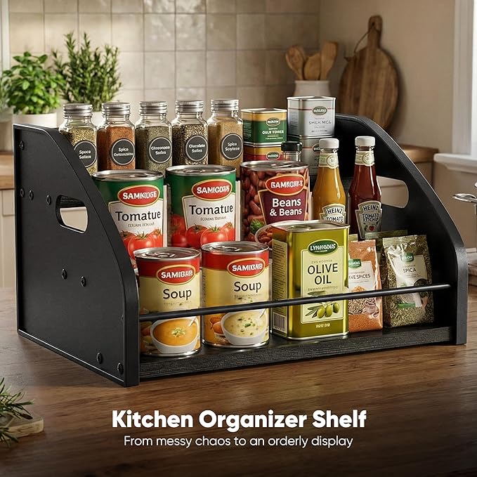 Countertop Liquor Bottle Organizer Shelf – Rustic Display Rack for Wine & Coffee Syrups, Freestanding Bar and Kitchen Storage with Easy-Carry Handles (3-Tier)