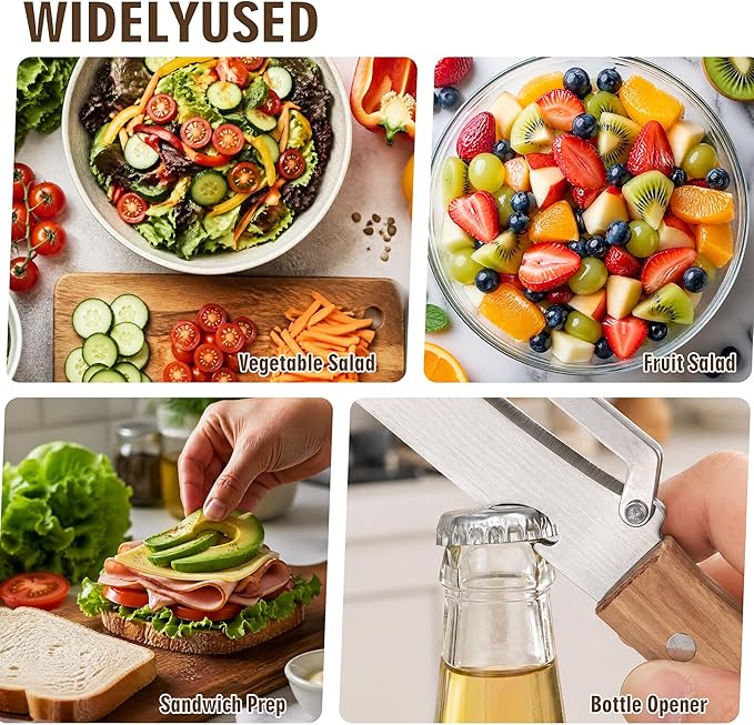 2 Pack Vegetable Peeler, Multi Functional Premium 2-in-1 Potato Peelers, with Wooden Handle & Bottle Opener, Stainless Steel Kitchen Tool for Fruit Potato Pumpkin Papaya, Pare Necessary Kitchen Tools