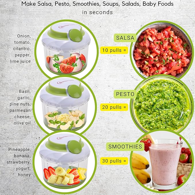 Brieftons QuickPull Manual Food Chopper: Large 4-Cup Powerful Hand Pull Chopper/Mincer/Mixer Blender to Chop Onion, Garlic, Vegetables, Fruits, Herbs for Salsa, Salad, Pesto, Puree, Indian Cooking