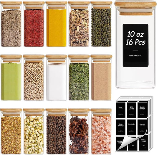 16Pcs Spice Jars with Labels, Glass Jar witj Bamboo Lid