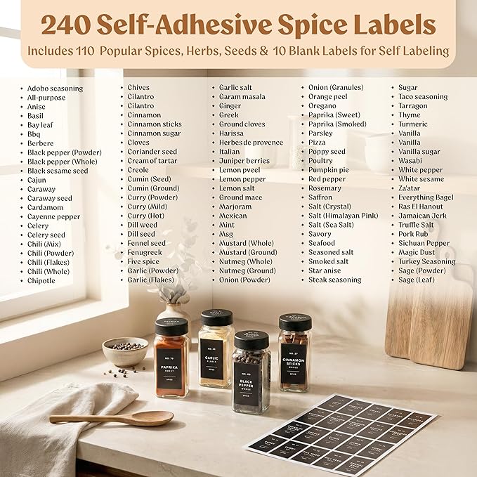 EDELHAUS Glass Spice Jars with Labels (24 x 4oz) Spice Containers with 240 Labels, Shaker Inserts, Funnel, Empty Square Empty Square Seasoning Organizer (Black Lids)